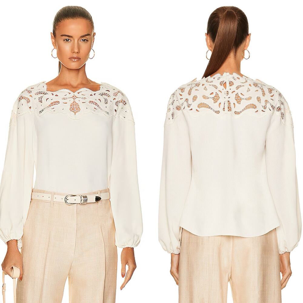 Jonathan Simkhai Lochlyn Embroidered Lace Linen Blouse Top - Size Medium Ivory